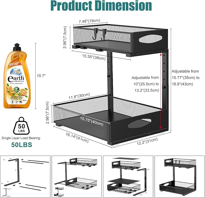 Housolution 2 Pack Large Under Sink Organizer, 2 Tier Metal Pull Out Under Sink Storage with Sliding Mesh Drawers, Height Adjustable Slide Out Under Cabinet Organizer for Kitchen Bathroom, Black