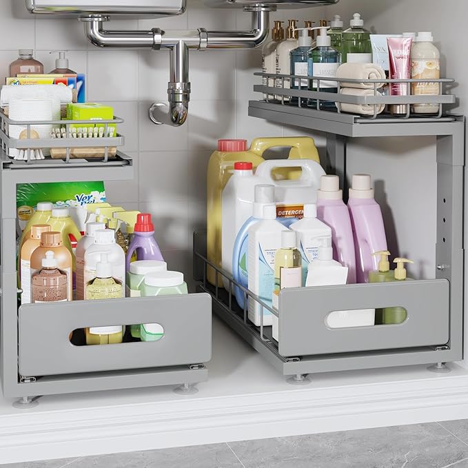 2 Pack 16.7 IN Depth Under Sink Organizer with Smooth Ball Bearing Slides,2-Tier Pull Out Cabinet Storage,Slide Out Drawers for Bathroom&Kitchen,Rust-resistant Coating,Height Adjustable-Gun Gray