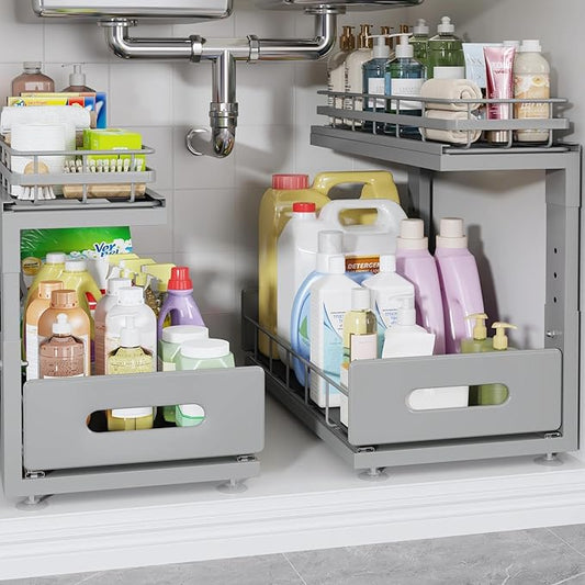 2 Pack 16.7 IN Depth Under Sink Organizer with Smooth Ball Bearing Slides,2-Tier Pull Out Cabinet Storage,Slide Out Drawers for Bathroom&Kitchen,Rust-resistant Coating,Height Adjustable-Gun Gray