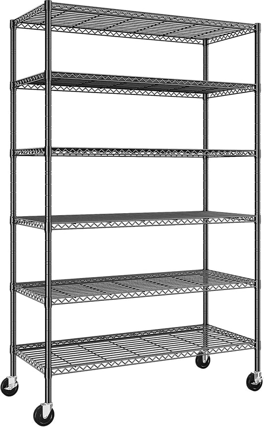 82" H X45 W X18 D Storage Shelves with Wheels, 6 Tier Wire Shelving Adjustable Metal Shelving Pantry Shelves Capacity 1200LBS for Garage Shelving, Pantry, Kitchen, Closet, Commercial, Black