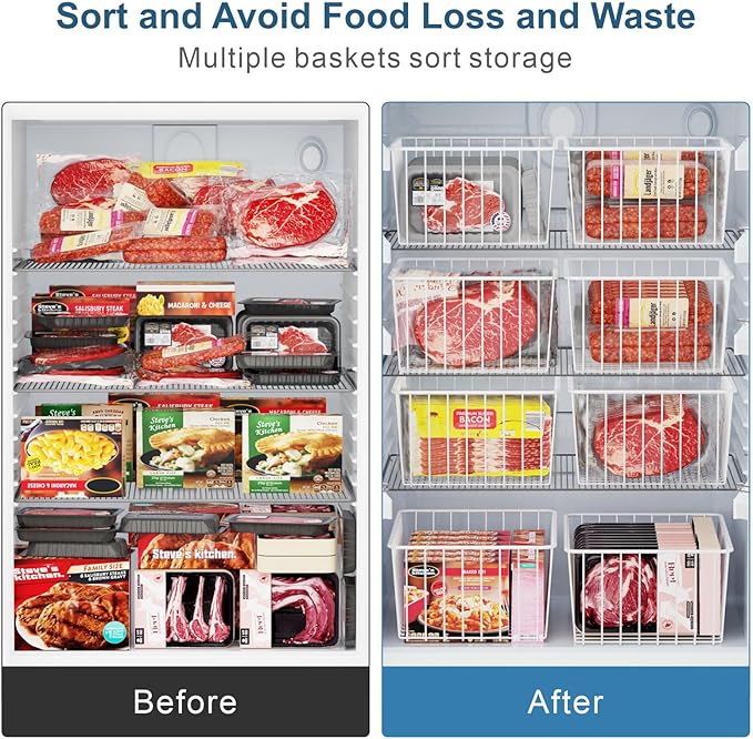 iSPECLE Freezer Organizer Bins - 4 Pack Medium Upright Baskets for 14 to 15.5 cu.ft Stand Up Freezer, Easily Sort and Get Food, Air Circulation Stops Food Sliding Out, White
