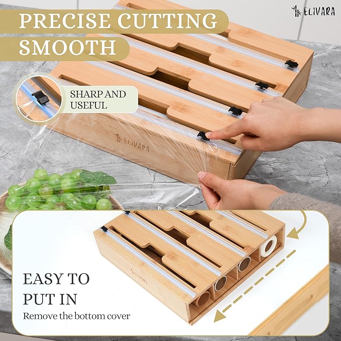 4-in-1 Bamboo Wrap Organizer with Cutter – Holds Plastic Wrap, Foil, Parchment & Paper Towels – Drawer or Countertop Use – Durable Bamboo Dispenser with Labels