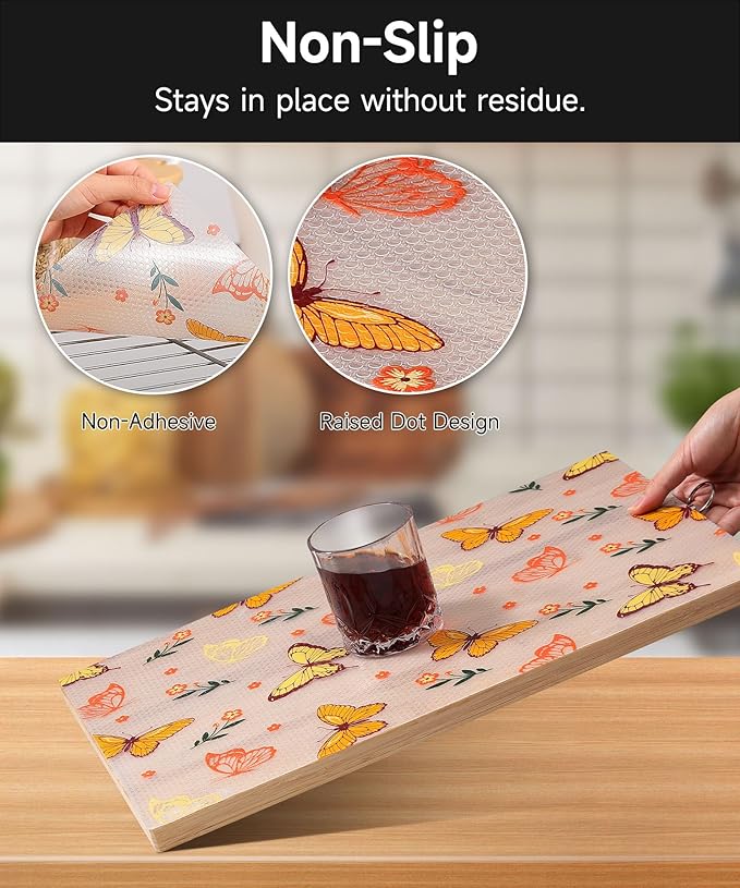 Drawer & Shelf Liner for Kitchen Cabinets Non Adhesive Waterproof Oilproof Easy to Cut Reusable Washable Shelf Paper for Refrigerator, Cupboard, Dresser, Bathroom(Colorful Butterfly, 23.6"W x 118"L)