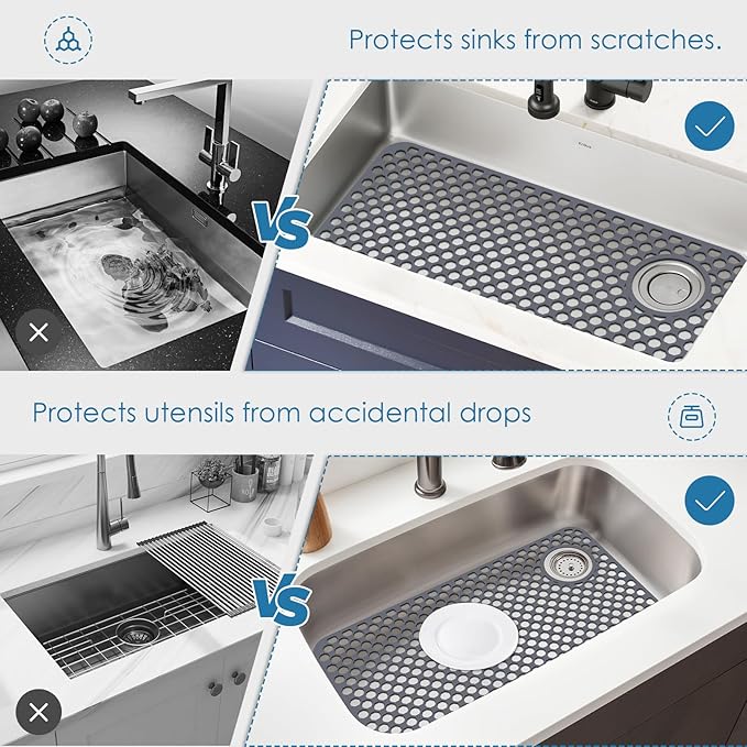 Flytime Silicone Sink Protectors for Kitchen Sink with Right&Left Drain, 28.35"x 14.37" Kitchen Grid Accessory, Non-Slip Heat-Resistant Mat for Bottom of Farmhouse Porcelain Stainless Steel