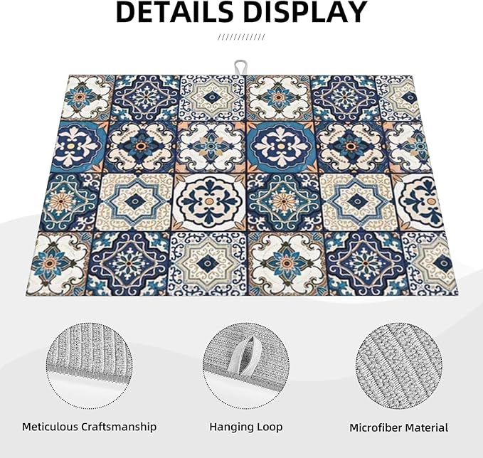 2Pcs Dish Drying Mats Faucet Mats Sets Large Size Coffee Mats Sink Faucet Mat Splash Guard for Kitchen Counter Bathroom Sink Coffee Bar Kitchen Decor (Blue Boho, 18"x24" 15" x 5.5"Set)