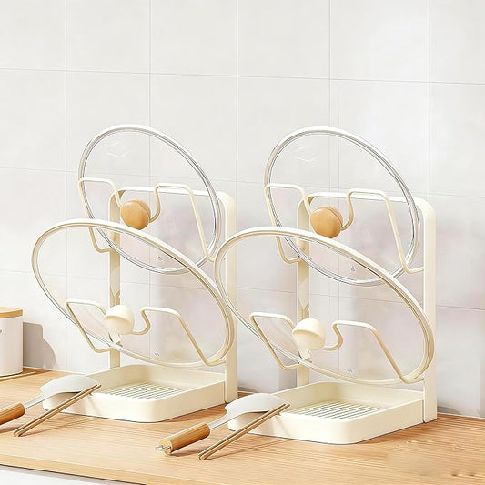 Asaint Kitchen Pot Lid Storage Rack,Countertop Pot Lid Holder With Spoon Rest,Multifunctional Pot Lid Organizer with Removable Drip Tray for Countertop Kitchen Space Tidy (White 2pcs)
