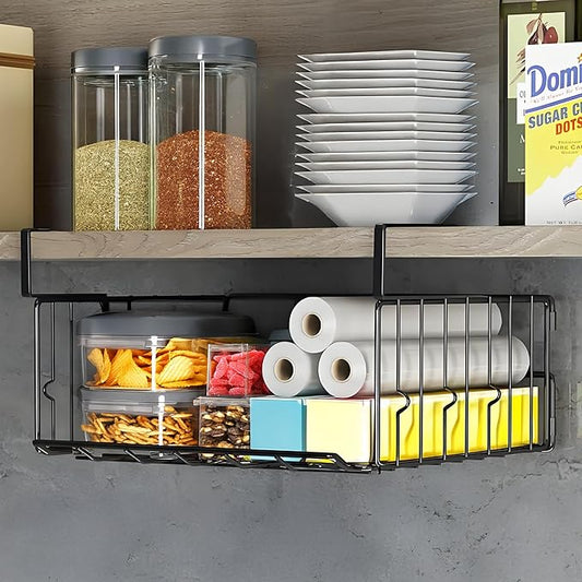 Hanging Under Shelf Storage Basket, 1 Pack Foldable Under Cabinet Metal Desk Storage Wire Rack Organizer for Kitchen Pantry Bookshelf Office Home, Easy to Install Slide-in Under Shelves ﻿ ﻿ (1, Black)