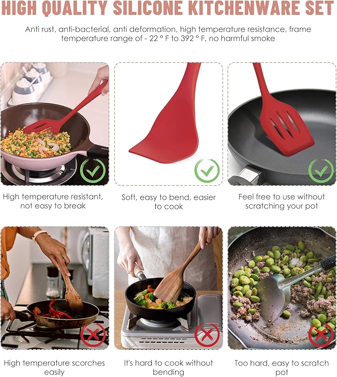 Kitchen Utensils Set-12 Pieces Silicone Cooking Utensils Set (Dishwasher Safe) 392°F Heat Resistant Spatula Set, Nonstick Cookware