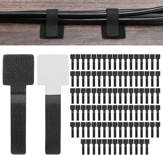 M METERXITY 100-Pack Hook and Loop Cable Ties, 3.5 x 1.1 Inch Enhanced Self-Adhesive Cord Organizer for Desk/Home/Wall/Office Essentials, Cable Management Under Desk [Black]
