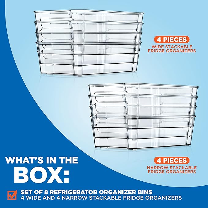 NutriChef 8-Piece Refrigerator Storage Bins - Stackable Fridge Organizers for Freezer, Kitchen, Countertops, Cabinets, & Pantry - 4 Wide & 4 Narrow Bins w/Egg Holder - Dishwasher Safe, Clear
