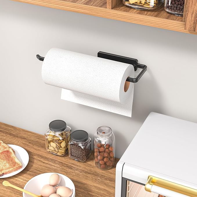 Paper Towel Holder Under Cabinet - Wall Mounted Paper Towel Holder No Drilling, Adhesive Under Cabinet Roll Holder, Black Kitchen Towel Holder, 31 x 8 x 3.5 cm, Aluminum, Black