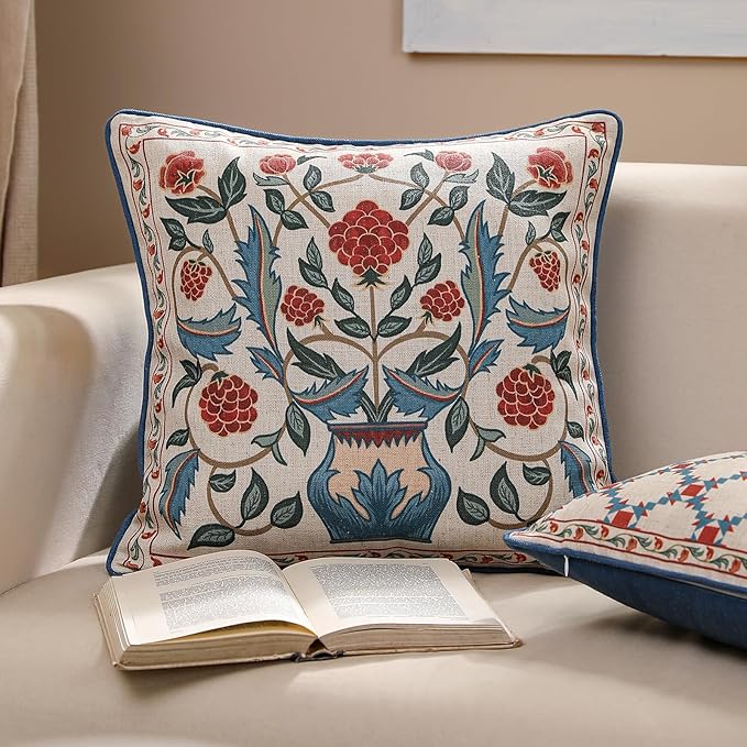 patdrea Designer Throw Pillow Covers Set of 2,Square Brilliant Vintage Red Tropical Linen with Floral Pattern Pillow Cover,Decorative Pillowcases Cushion for Bed Living Room Outdoor Car,18"x18"