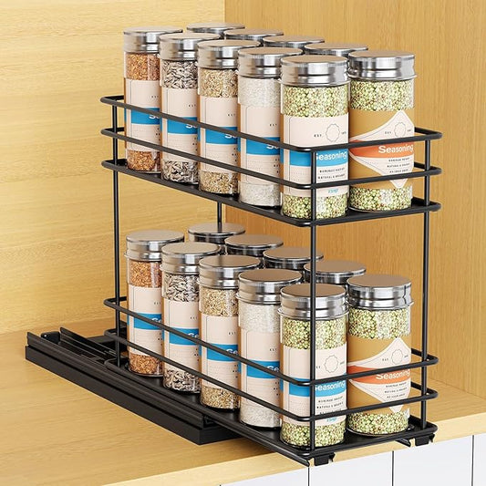 Pull Out Spice Rack Organizer for Cabinet, Slide Out Spice Racks, Easy to Install, 4.33" Wx10.43 Dx8.66 H, 1 Drawer 2 Tiers(Black)