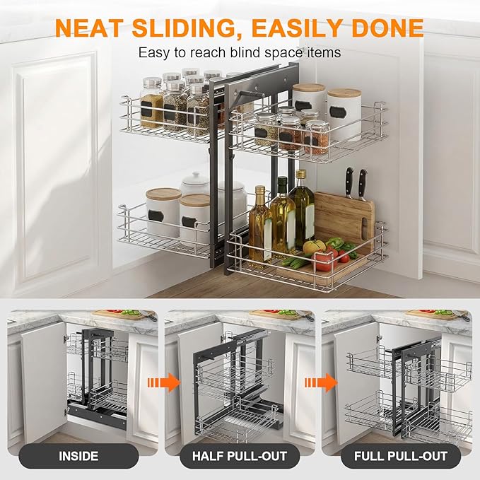 Left & Right Blind Corner Cabinet Organizer 2 Tier Wire Bottom Storage Basket 4 Shelves Conseal Corner Pull Out Shelf for Bowls Dishes Seasoning Bottle