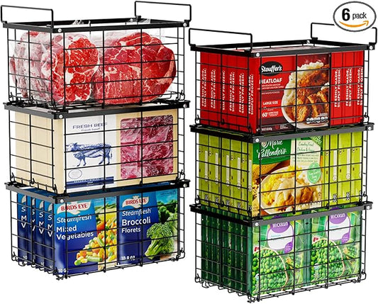 iSPECLE Freezer Organizer - for 5 to 7 Cu.Ft Chest Freezer, 6 Pack Easy Access Stackable Freezer Organizer Bins with Handles, Heavy Duty for Meat and Frozen Food, Assembly Required, Black
