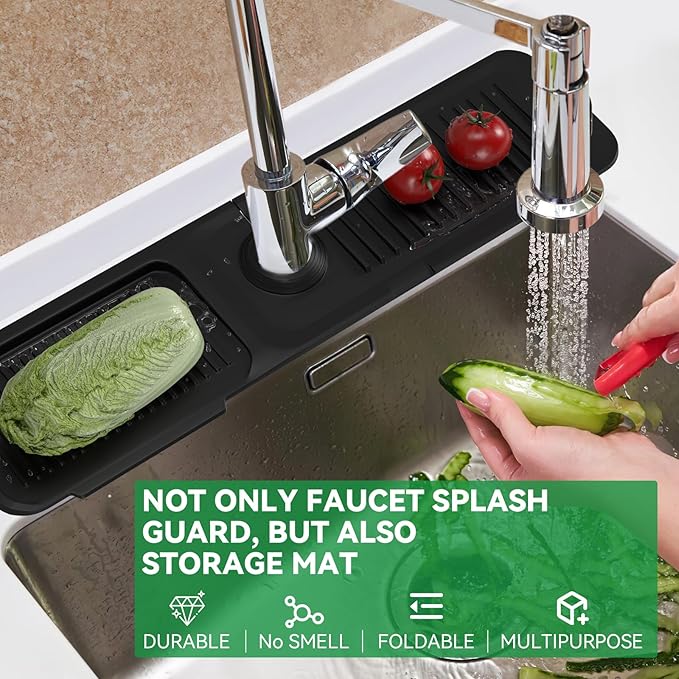 Kitchen Sink Splash Guard Behind Faucet 24 x 5.5 Inch, Toovem Faucet Handle Drip Catcher Tray, Longer Silicone Sink Faucet Mat, Dish Soap Sponge Holder for Bathroom, Farmhouse, Bar, Rv,Black