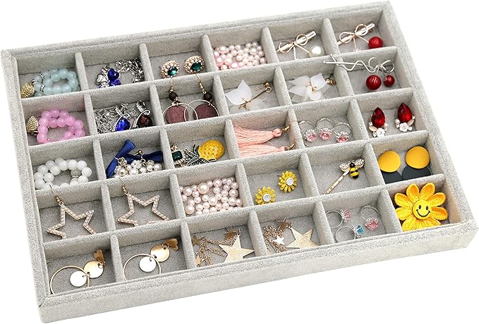 Stratalife Earring Organizer Stackable Jewelry Tray Removable Display Tray Organizer for Jewelry Necklace Earring Drawer Insert 30 Grid Grey