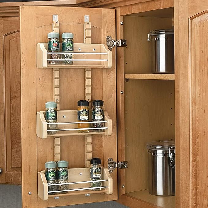 Rev-A-Shelf Pullout Wall Storage Organizer for Kitchen Cabinets, Sliding Door Mounted Spice Rack with 3 Adjustable Shelves, Maple Wood, 4ASR-15