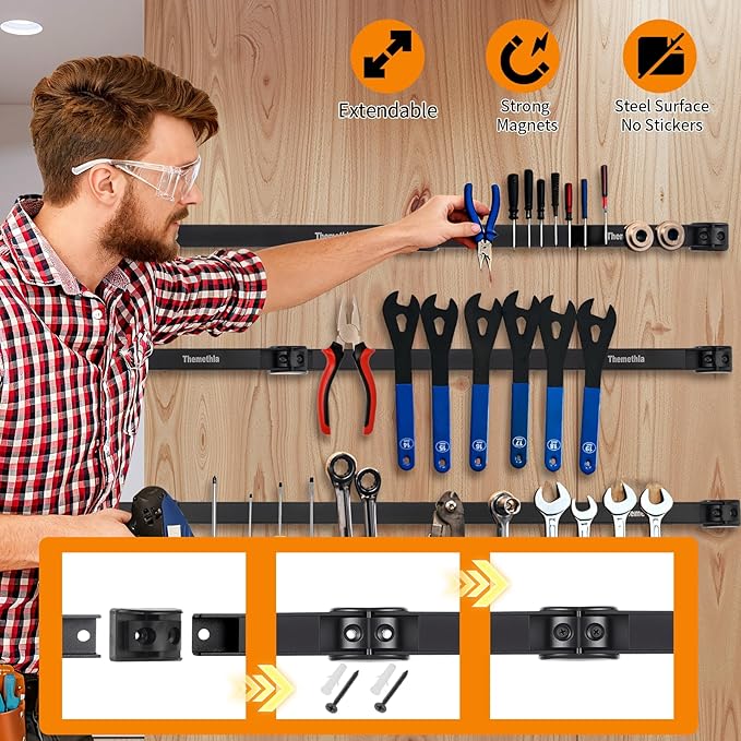 18" Magnetic Tool Holder Strip, 6 Pieces Black Metal Tool Organizer Rack with Stainless Steel Surface, Magnet Bar for Garage Workshop, Easy To Install with Mounting Screws