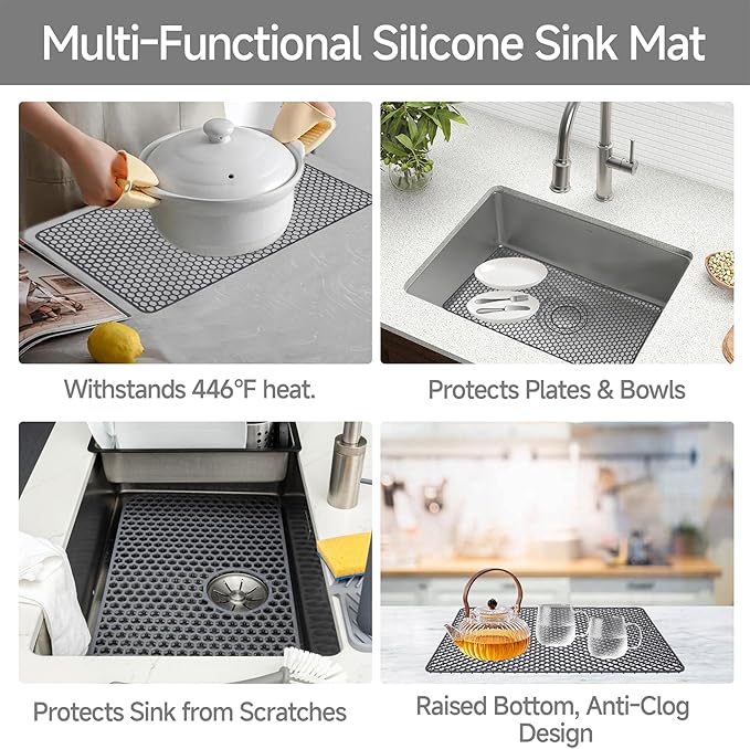 Myirxcv Sink Protectors for Kitchen Sink - 28.62" x 15.98" Silicone Mat - Can DIY Drain Holes - Non-slip Heat Resistant Liner for Bottom of Farmhouse Porcelain Stainless Steel（Grey）