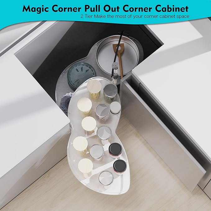 Blind Corner Cabinet Pull Out 2 Tier, Swing Left for 36" Width, Two-Way Buffering, Height Adjustable Organizer