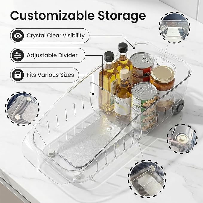 Refrigerator Organizer Bin with Wheels and Adhesive Utensil Holder Wall Mount Kitchen Rack Rail with 4 Hooks, Roll Out Pantry Storage with Dividers, Fridge Organizers and Storage