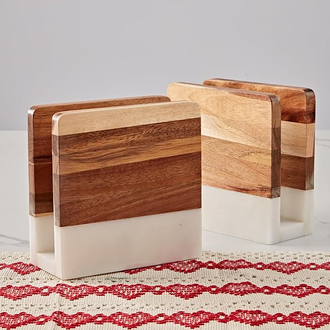 Marble Wood Napkin Holder, Square Heavy Duty Table Standing Tissue Dispenser, Handmade Natural Wood and Marble Tissue Holder, Napkin Dispenser for Home, Kitchen Countertop, Dining Room