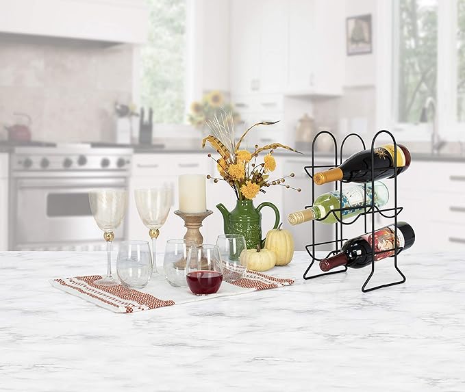 Spectrum 6 Bottle Wine Rack Freestanding Countertop Wine Bottle Holder Storage, Modern Black Metal Wire Wine Rack Organizer for Kitchen Counter Tops Base Cabinet Insert Pantry 3 Tier Wine Shelf