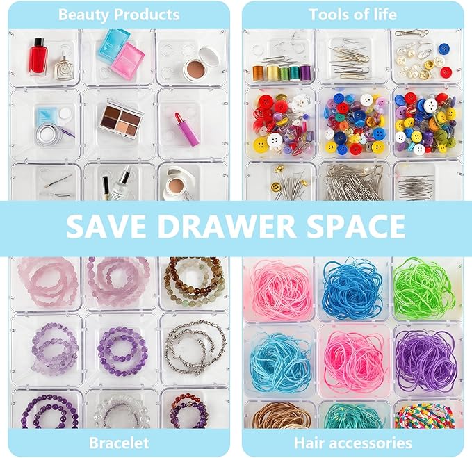 24 Pcs Clear Drawer Organizers 3" x 3" x 2" Stackable Small Makeup Vanity Storage Bins Small Desk Drawer Organization Clear Container Dividers for Makeup Vanity Office Bathroom Kitchen Utensil