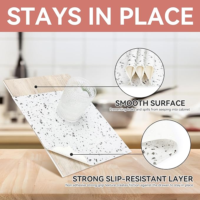 RAY STAR Shelf Liner, Non Adhesive Terrazzo Marble Cabinet Liner for Pantry Drawer, Strong Grip Non Slip Waterproof, Shelf Liners for Kitchen Cabinets Organization 12 Inch x 10 FT (3 Rolls)