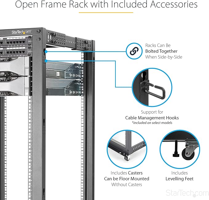 StarTech.com 4-Post 42U Mobile Open Frame Server Rack, 19in Network Rack with Wheels, Rolling Rack for Computer/AV/Data/IT Equipment - Casters, Leveling Feet or Floor Mounting (4POSTRACK42)