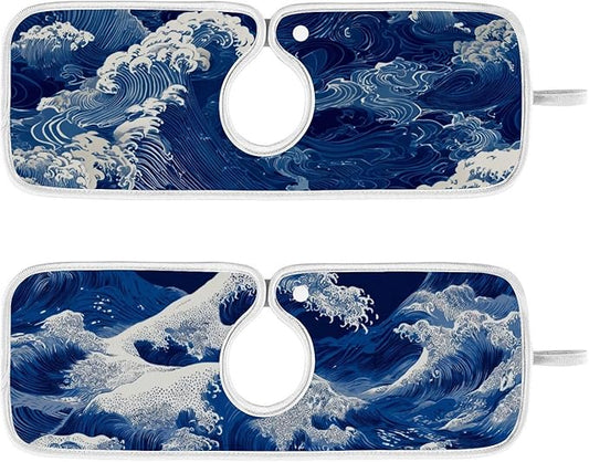 2 PCS Kitchen Sink Splash Guard 14.9 Inch Faucet Mat for Kitchen Sink Bathroom Sink Faucet Absorbing Drip Drain Mat Pad Microfiber Soft Washable Blue Sea Waves