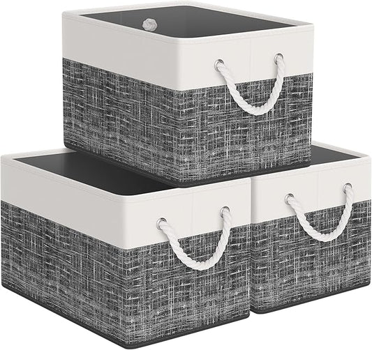 Storage Bin,Collapsible Storage Basket For Organizing,Large Storage Boxes With Rope Handles,Storage Containers,White & Black,3 Pack
