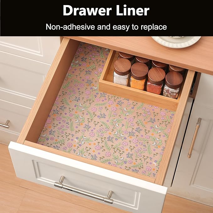 INNOLITES Shelf Liners for Kitchen Cabinets, Non-Adhesive Drawer Liner, Waterproof Shelf Paper Pink Floral, Durable Easy to Clean for Refrigerator, Shelves (Pink Rose, 11.8" x 360")