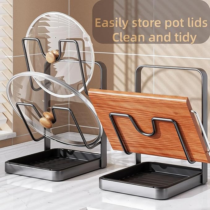 Kitchen Pot Lid Storage Rack, 304 Stainless Steel Pot Lid Holder While Cooking, Multifunctional Kitchen Pot Cover Organizer for Countertop, With Removable Drip Tray (Gray Double)