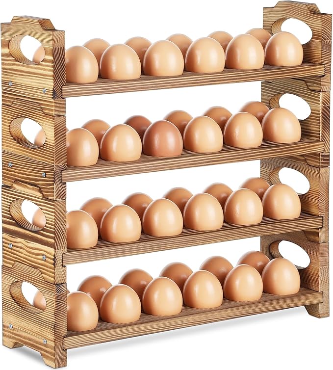 AOOHOOA Wooden Egg Holder with 4 Layers/48-Hole, Stackable Wood Egg Rack Countertop with Handle, Stores Chicken/Duck/Quail/Turkey/Easter Eggs