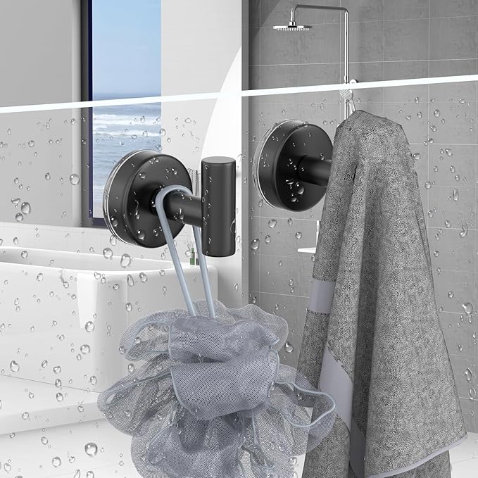 VINHOLD Suction Cup Hooks for Shower, Stainless Steel Towel Hooks for Bathroom Wall, Glass Door, Kitchen, Mirror, Tile, Shower Hooks for Hanging Towels, Robes, Bath Balls (2 Pack，Black)