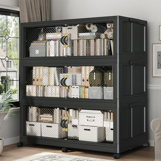 720QT Extra Large Stackable Storage Bins with Lid, 180Gal Plastic Closet Organizers and Storage Drawer, Collapsible Cabinet Box with Wheels Clear Doors for Home Kitchen Office, 3Pack Black
