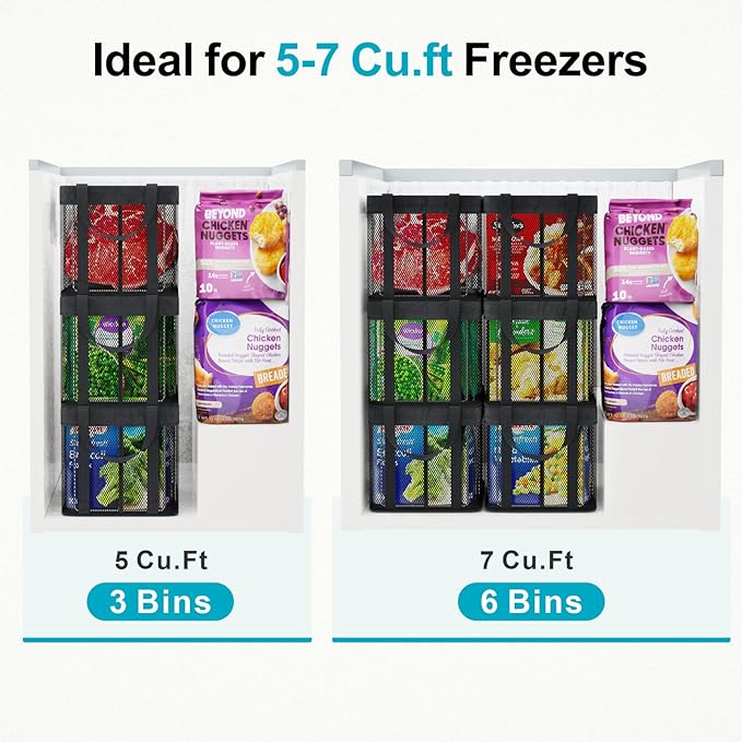 iSPECLE Deep Freezer Organizer Bins - 6 Pack 15" Large Stackable Freezer Organizer for 5 to 7 Cu.Ft Chest Freezer, Sturdy Fabric & Stainless Steel for Meat & Vegetables, Easy Access, Black