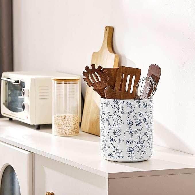 7.2'' Kitchen Utensil Holder – Farmhouse Ceramic Countertop Organizer with Cork Mat, Utensils Crock for Cooking Tools Spatula, Flowers, or Wine Chiller Kitchen Counter Deco (Blue and White)