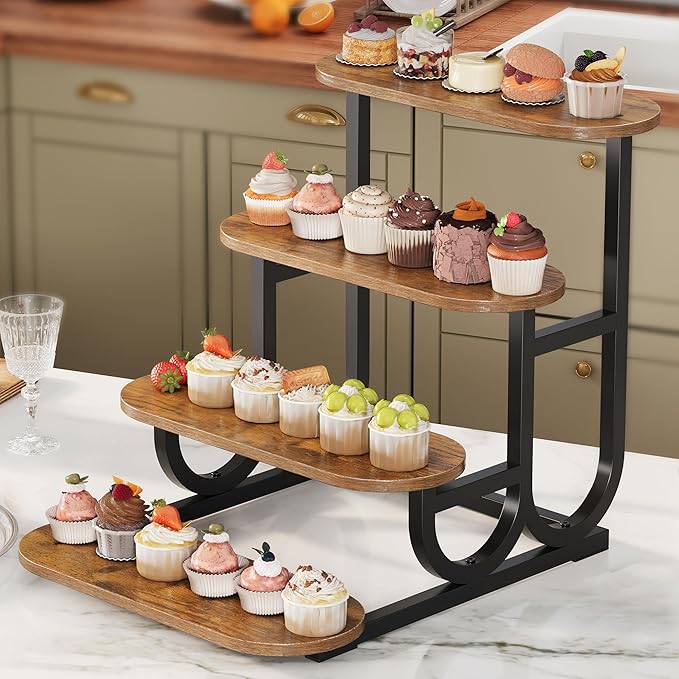 Rustic Stepped Cupcake Stand for 50 Cupcakes 4-Tier Wooden Display Stand with Metal Frame Dessert Table Riser Shelf for Part, Bakery Farmers Market or Home Decor (Rustic Brown)