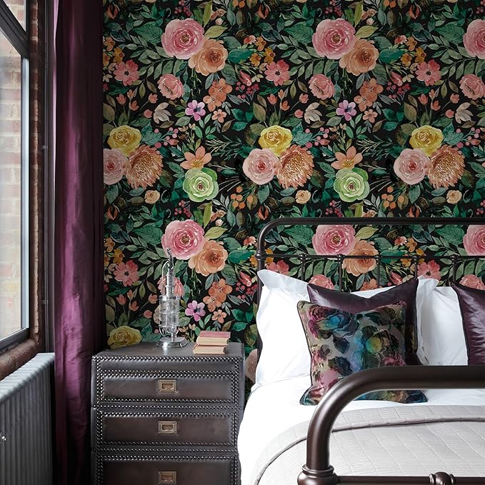 JiffDiff Dark Floral Peel and Stick Wallpaper 236.22" L x 17.7" W Black Watercolor Flower Wallpaper Wall Decor Wallcovering Wall Mural Cabinet