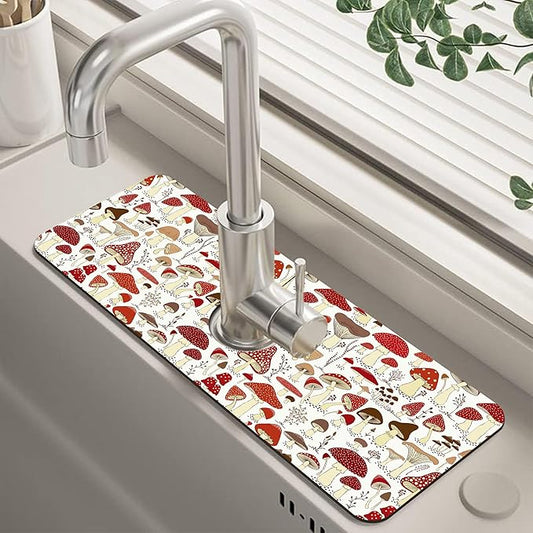 Cartoon Mushrooms Dish Drying Mat for Kitchen Sink Splash Guard Behind Faucet Sink Mat Absorbent Fast Drying Faucet Draining Mat for Bathroom Kitchen 5.5"×15"