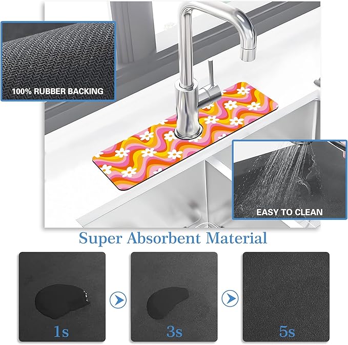 Faucet Mat Splash Guard Retro Floral Daisy, Soft Diatom Mud Material, Strong Water Absorption, Non-slip,Easy to Clean for Bathroom, Kitchen 15"X5.5"