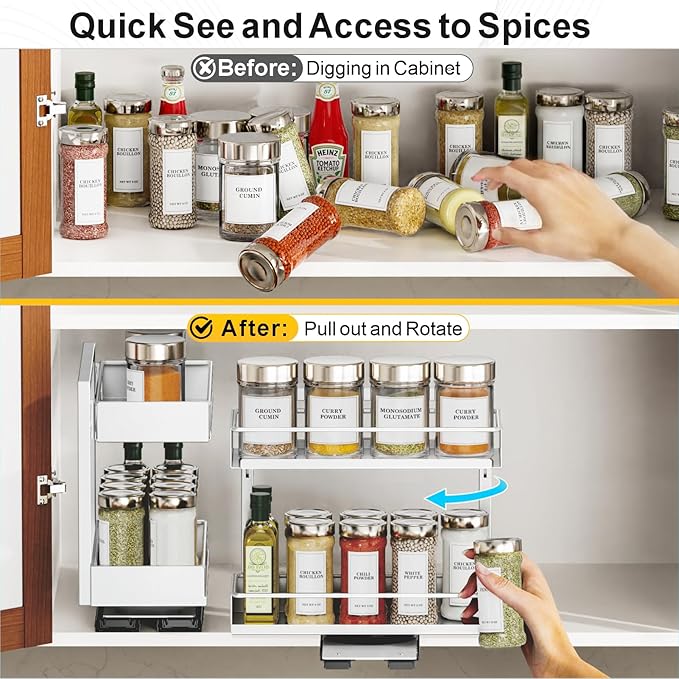 iSPECLE 2 Pack Pull Out Spice Rack - Rotate Peel and Stick No-Drill Vertical Spice Rack Organizer for Cabinet Easy Access Spices, Adjust Height for 4oz to 8oz Spice Jars, Fits Small Pantry Cabinet