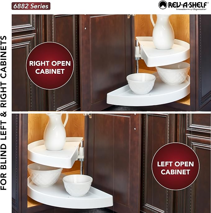 Rev-A-Shelf 33" Pull Out Half Moon Shelves for Blind Corner Kitchen/Bathroom Cabinets, 2 Shelf Sliding Organizer with Hardware, White, 6882-33-11-570