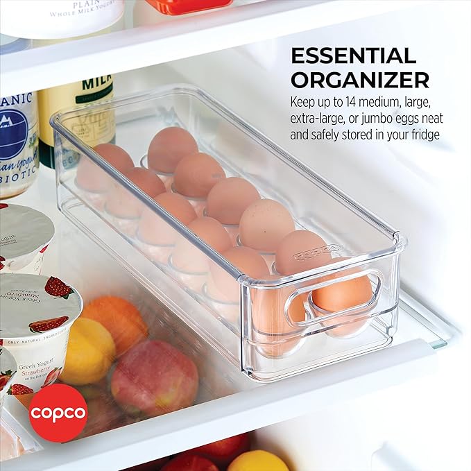 Copco Egg Storage Drawer with Removable Lid and Flat Top For Stacking and Space Saving, Holds 14 Medium, Large, XL, or Jumbo Eggs, Handle for Easy Transport, Clear