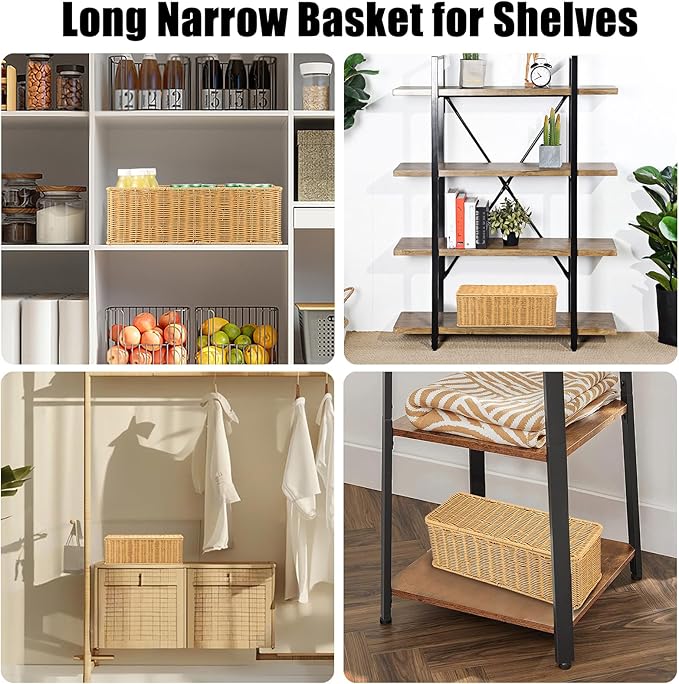 Sumnacon Wicker Storage Basket with Lid, Rectangular Narrow Baskets for Bathroom, Farmhouse Imitation Rattan Bin with Dividers, Decorative Handwoven Tray Organizer for Countertop Shelves Toilet Tank
