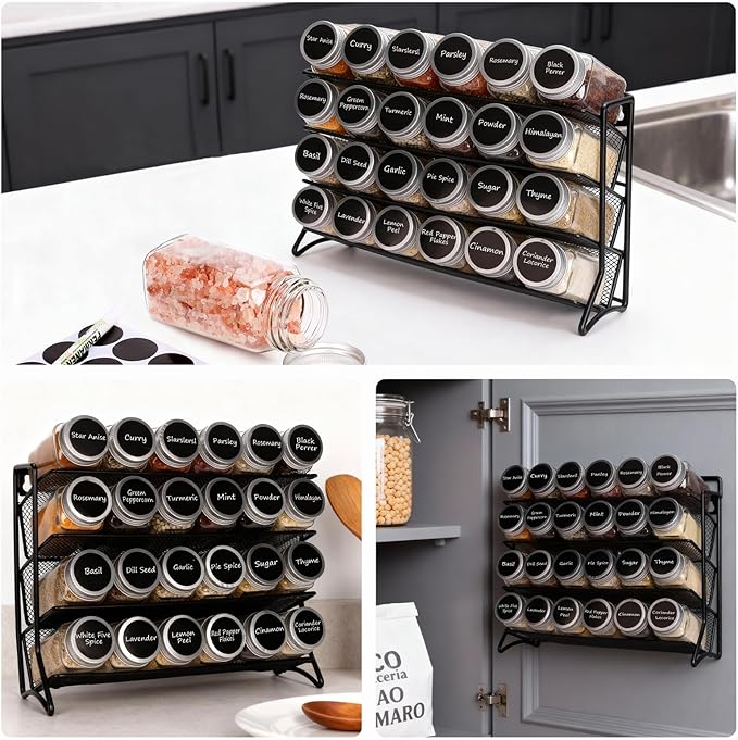 DIDITIME Spice Rack Organizer with 24 Glass Jars and 60 Spice Labels, Seasoning Organizer for Kitchen, Countertop, Cabinet, Pantry, Cupboard，Spice Organization for Cabinet， Space-Saving & Tidy