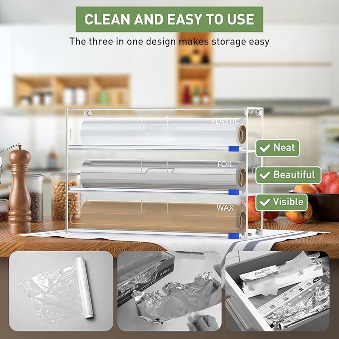 Foil and Plastic Wrap Organizer, 3 in 1 Kitchen Wrap Dispenser, Drawer Aluminum Foil Organization and Storage, Wall-Mounted Holder